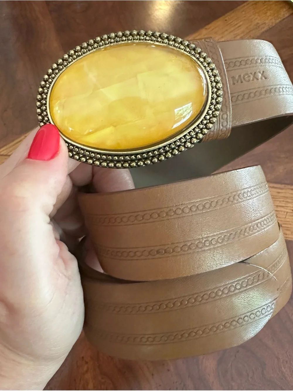 Wide Leather Belt w/ Amber Stone Buckle‎ Boho Large